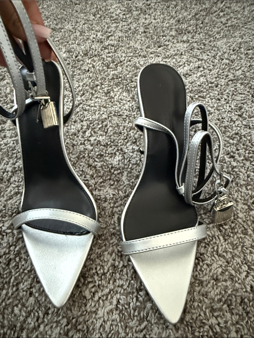Metallic Silver Pointed-Toe Ankle-Strap Women's Heels